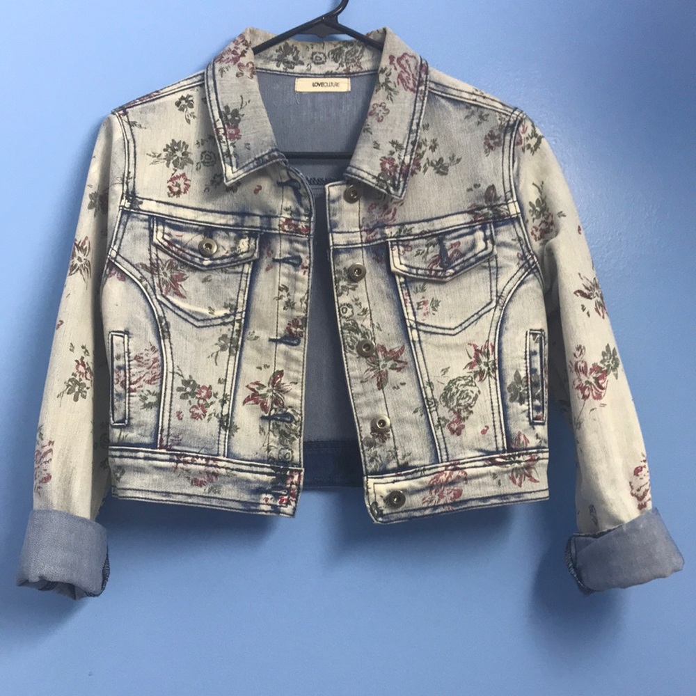 DENIM. PINK/GREEN. FLORAL. CROP JACKET. LOVE CULTURE.